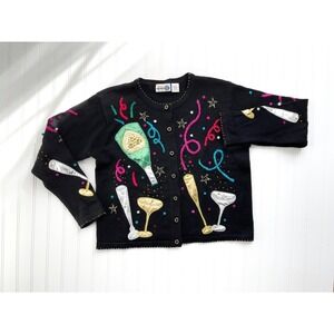 vtg Paul Harris black champagne cocktail party novelty print cardigan sweater‎